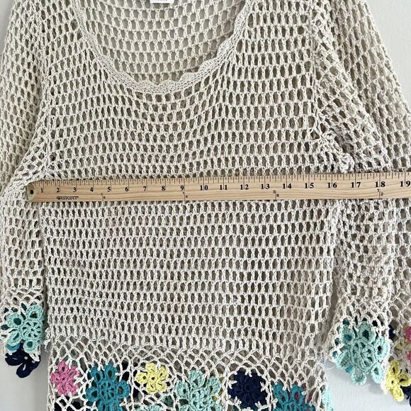 Boho Open Knit Crochet Top M Longline Cover Up Floral Festival Hi Low Hem Tan - Picture 7 of 10